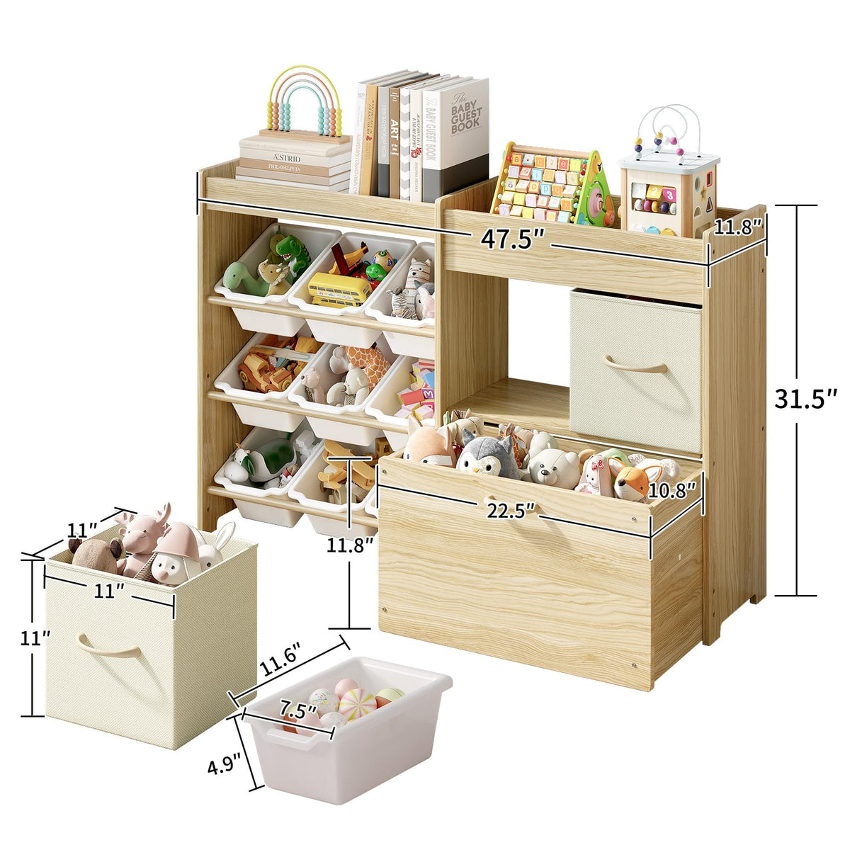 EXPERLAM Toy Storage Organizer for Kids, 9-Bin Toy Organizer with 2-Drawers, Movable Toy Chest and