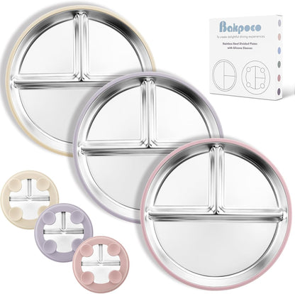Stainless Steel Suction Plates for Toddlers, 9" Divided Kids Baby Plates with Removable Silicone