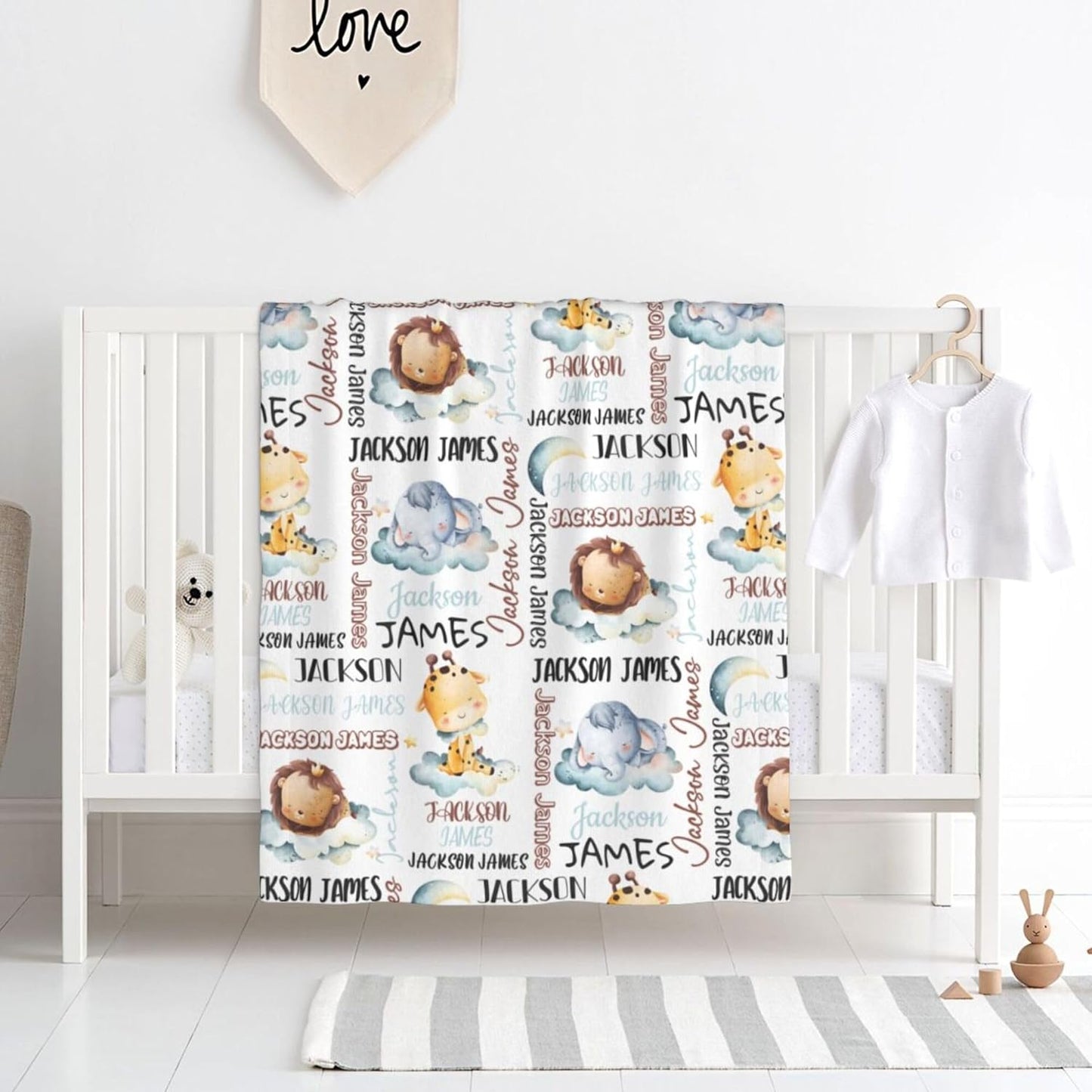 Personalized Baby Blanket for Boys, Custom Baby Blanket with Name, Safari Animal Blanket Name Baby