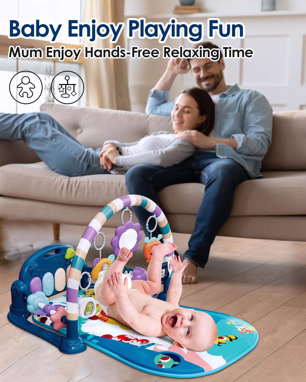 Dearlomum Baby Play Mat & Gym, Fun Piano Tummy Time Activity Mat with 5 Sensory Toys, Music &