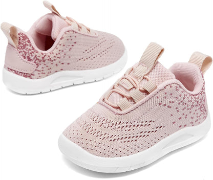 MORENDL Toddler Slip On Sneakers Baby Walking Shoes Non-Slip Breathable Unisex Pink Mesh Lace-Up