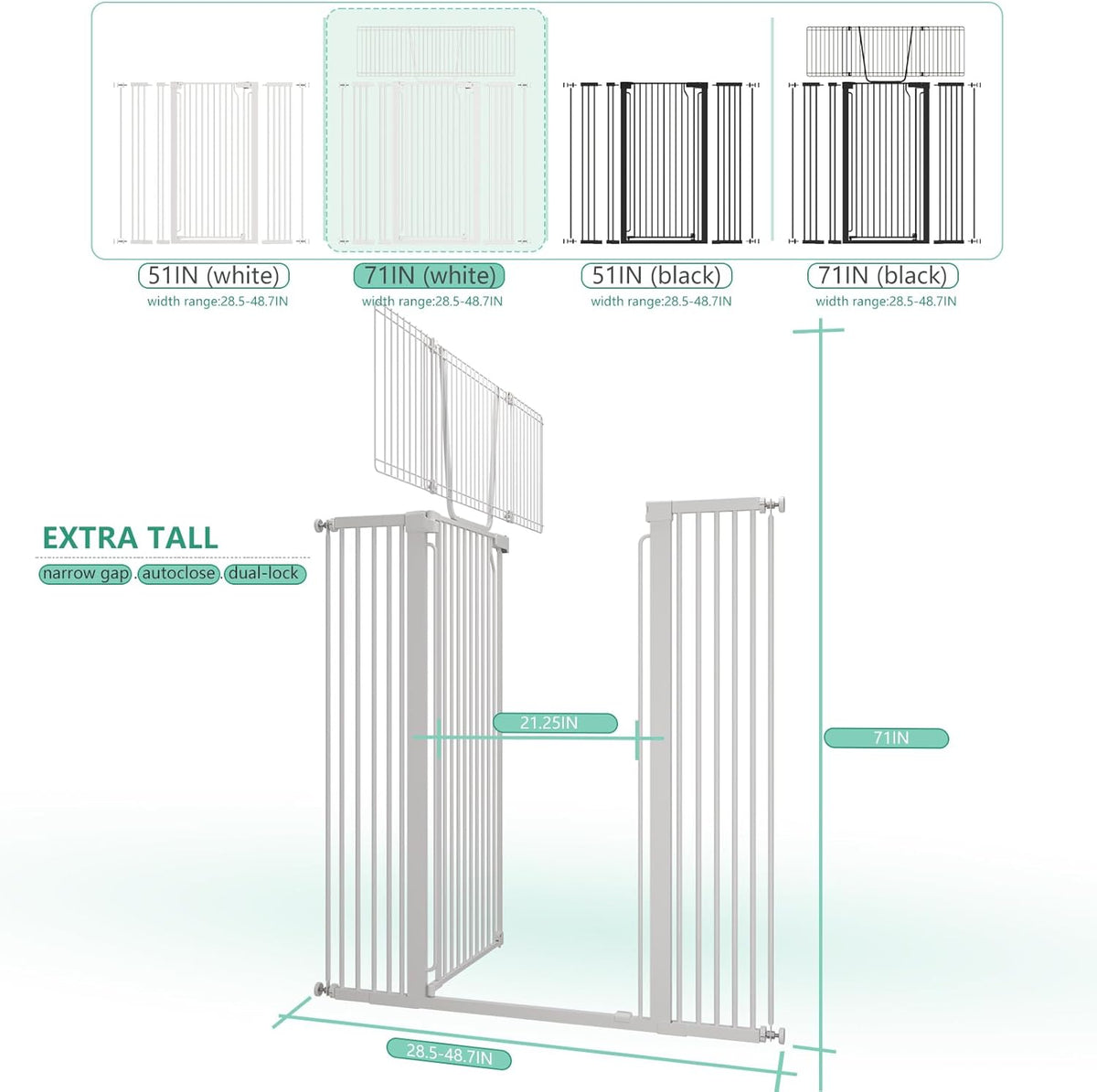 71" Extra Tall Cat Gate for Doorway – 28.5"-48.7" Extra Wide Pet Gate with Adjustable Cat Door