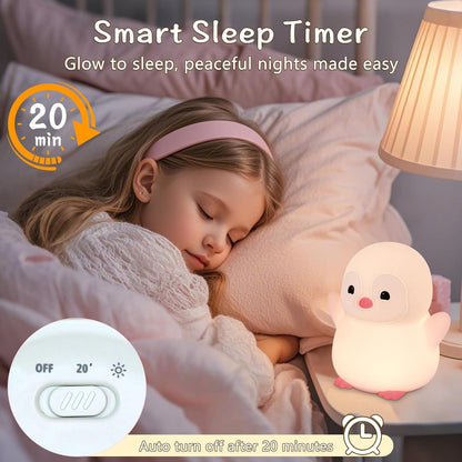 Pink Penguin Night Light,Food Grade Soft Silicone Nursery Nightlight for Baby,LED Squishy Novelty