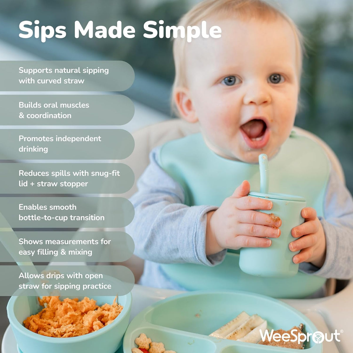 WeeSprout Silicone Baby Cups With Straws and Lids, 4 & 8 oz Options, Set of 2, Food Grade Toddler