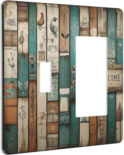 Outlet Covers Vintage Wood Brown Turquoise Splicing 1 Toggle 1 Rocker Combination Decorative Wall