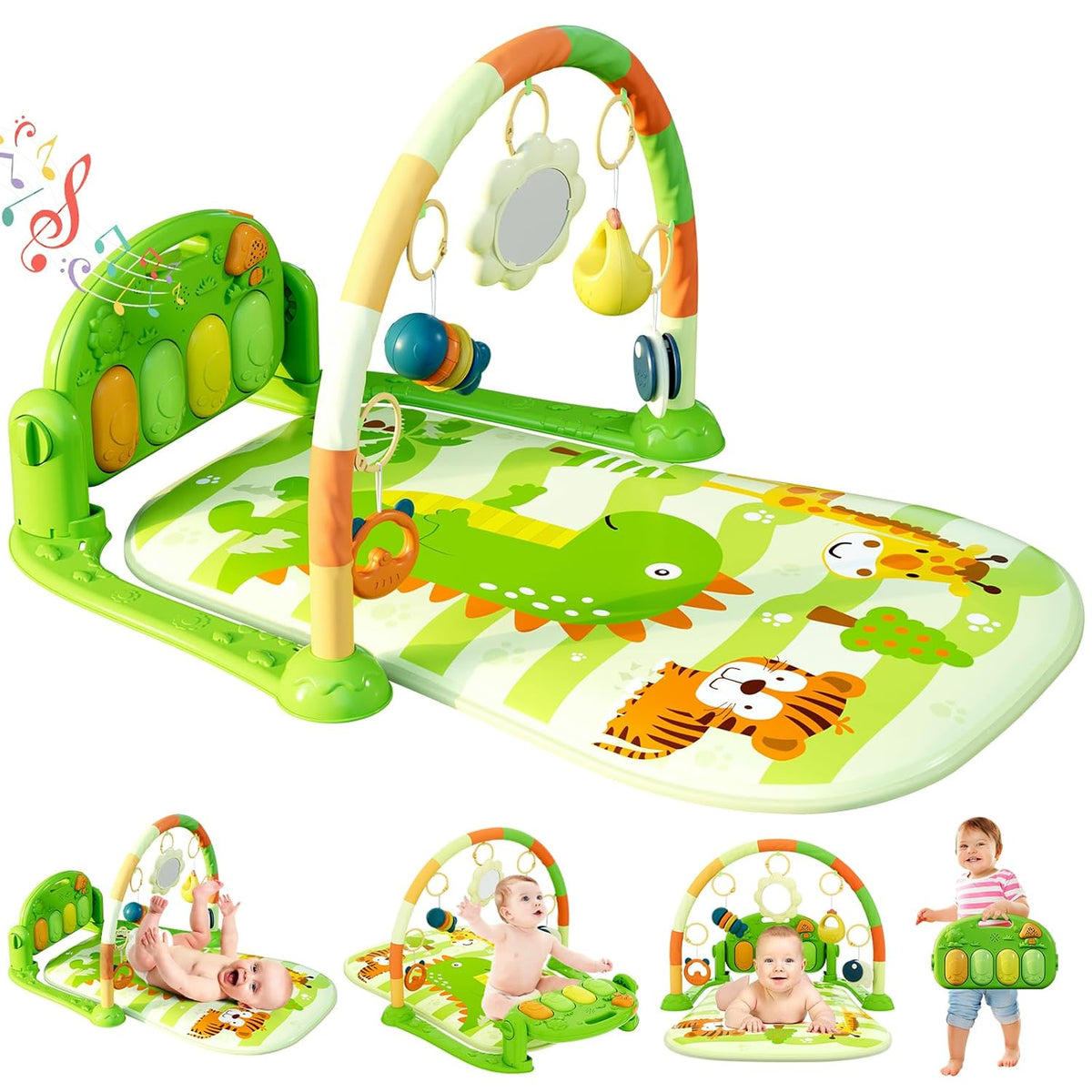 Dearlomum Baby Play Mat & Gym, Funny Piano Tummy Time Activity Mat with 5 Sensory Toys, Music &