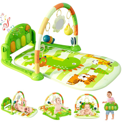 Dearlomum Baby Play Mat & Gym, Funny Piano Tummy Time Activity Mat with 5 Sensory Toys, Music &