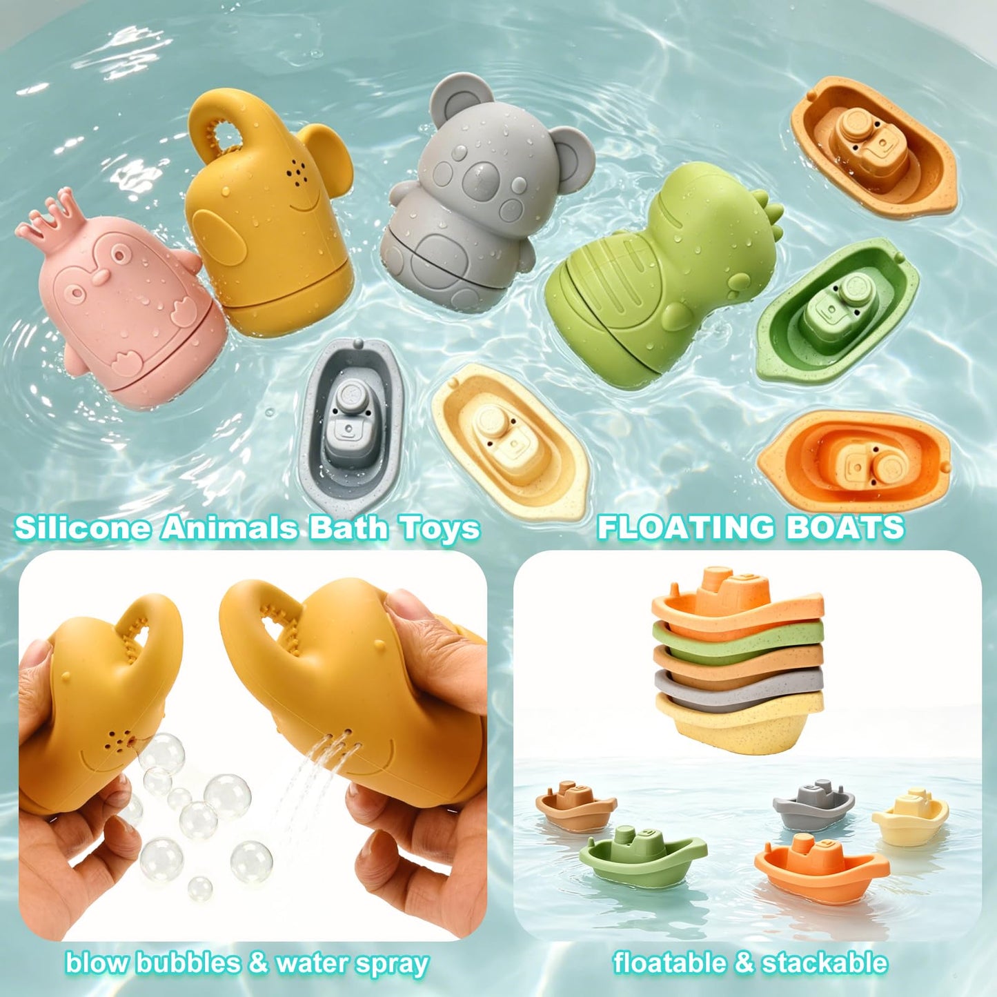 Baby Bath Toys, Pool Toys, Suitable for Children and Toddlers, 6-in-1 Set Including Floating Boat