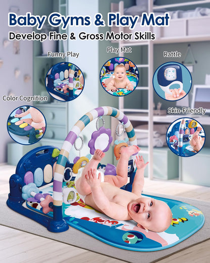 Dearlomum Baby Play Mat & Gym, Fun Piano Tummy Time Activity Mat with 5 Sensory Toys, Music &