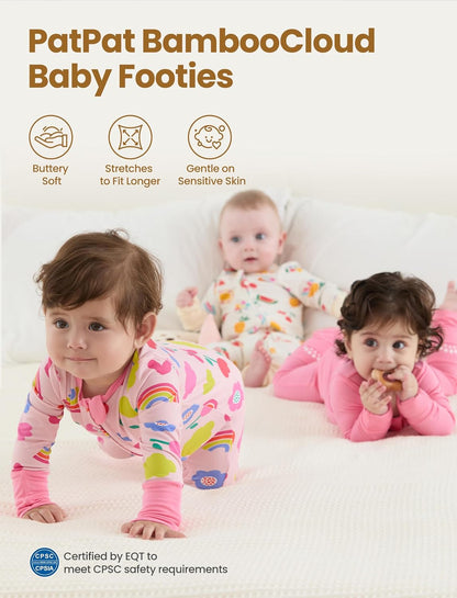 PATPAT Baby Footies Boys Girls - Bamboo Viscose - Zipper & Non-Slip Soles Romper Mitten - Footed &