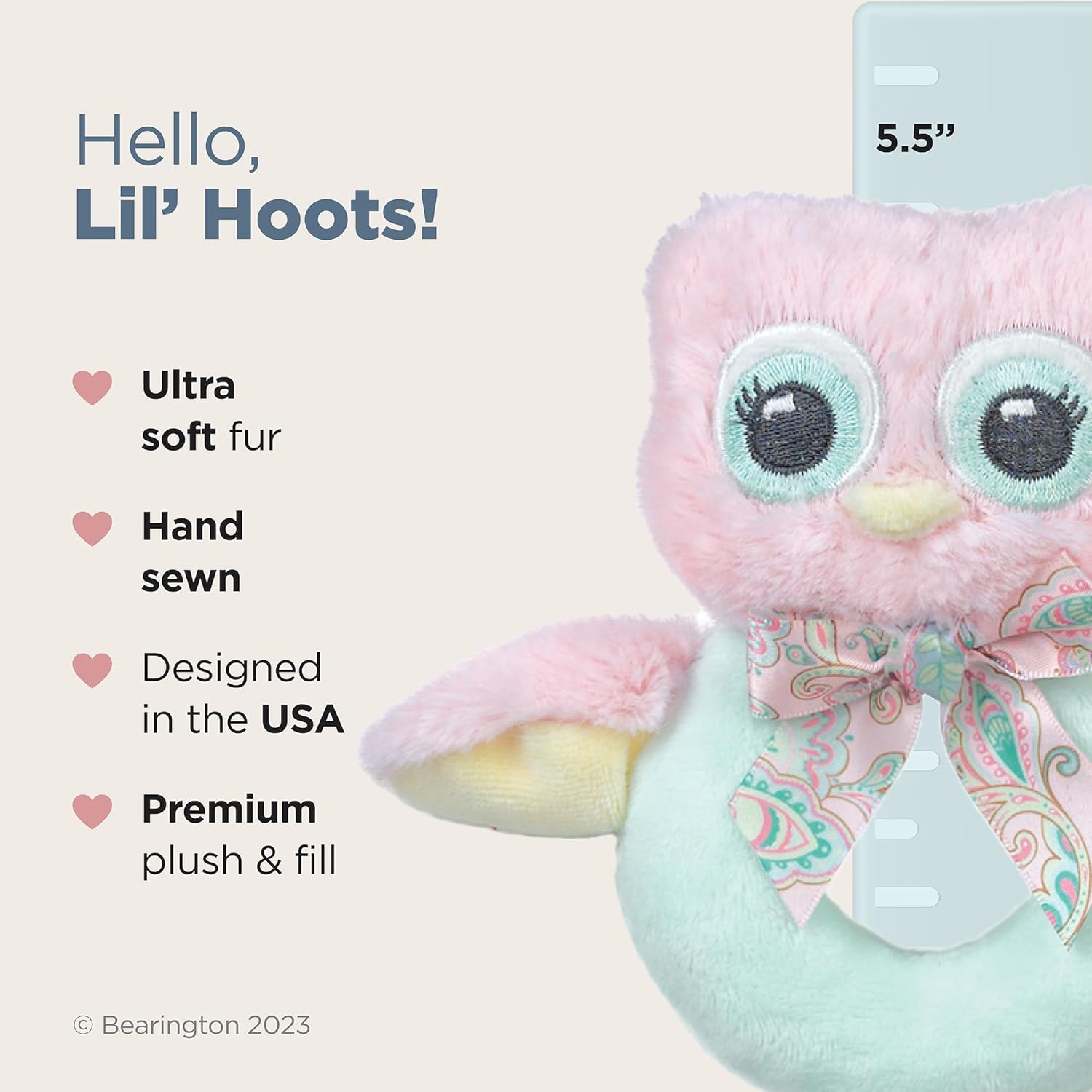 Bearington Baby Lil' Hoots Plush Stuffed Animal Pink Owl Soft Ring Rattle - 5.8" Baby Rattle