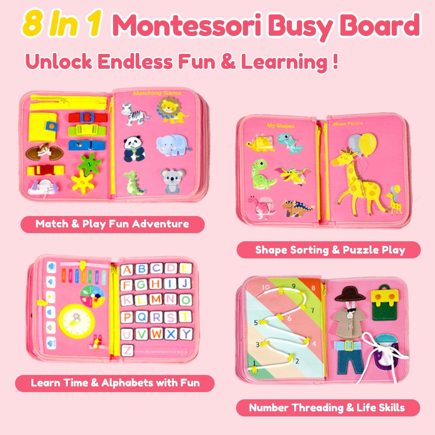 Qizfun Busy Board Book Montessori Toys for 1 2 3 4 Year Old, Girl Birthday Gifts, Educational