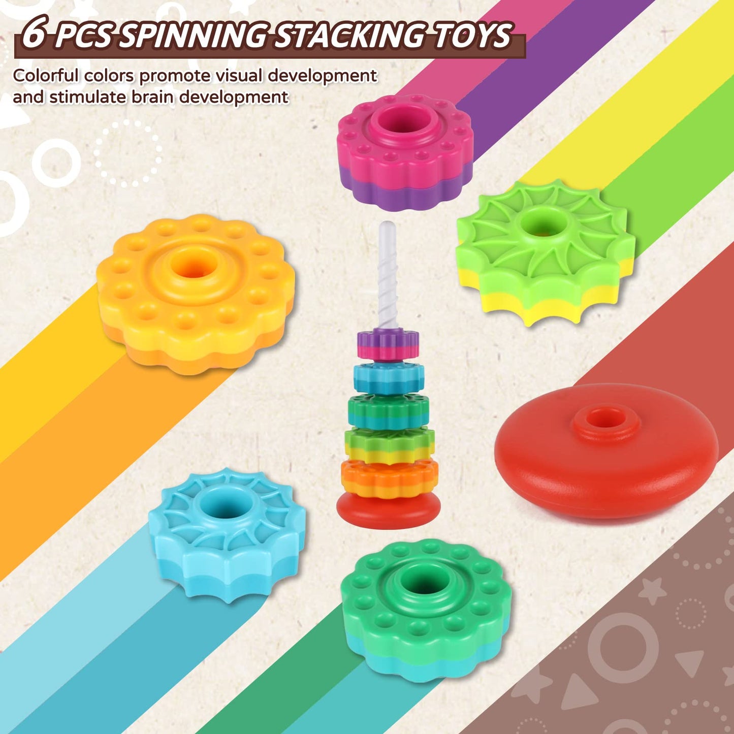 JUXUE Baby Spinning Stacking Toys for Toddlers 1-3, Rainbow Ring Stacker Montessori Toys for Babies