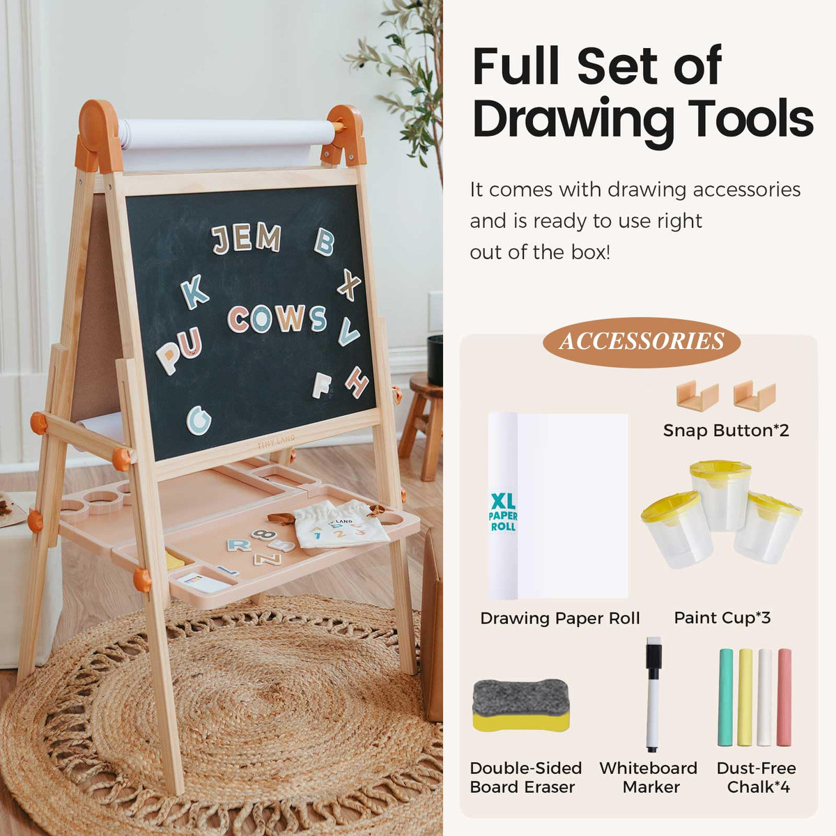 Tiny Land Foldable Wooden Art Easel for Kids, with Chalkboard & Whiteboard