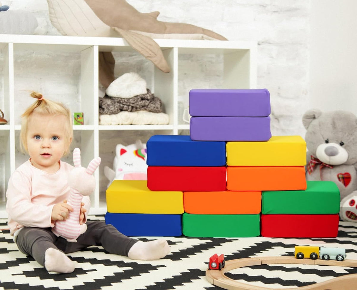Toddler Foam Buliding Blocks - 12 Piece Fabric Covered 9x4x3inch Stacking Block Sets - Colourful