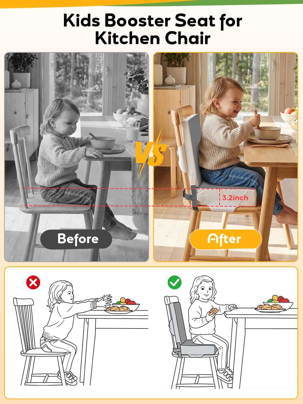 Booster Seat for Kitchen Chair - Toddler Booster Seat for Dining Table - PU Washable Double-Safety