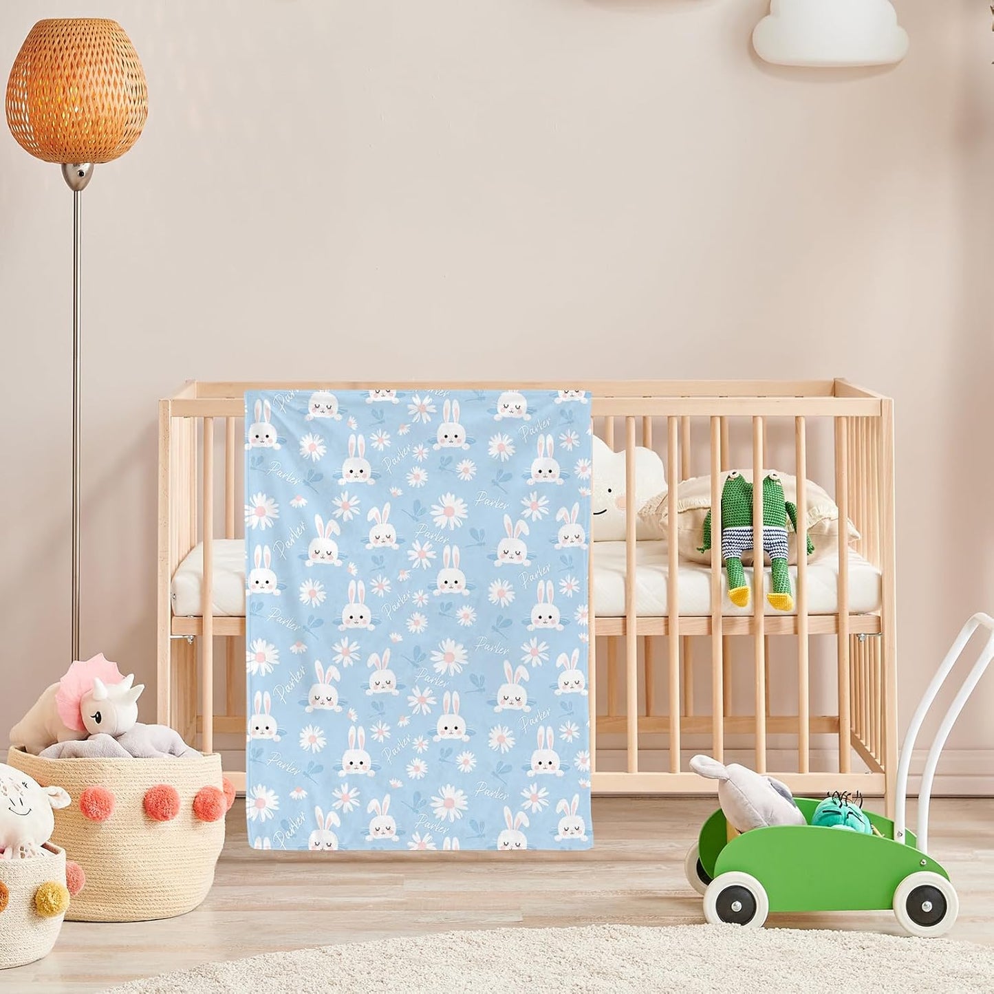 Personalized Baby Blanket with Name, Custom Floral Name Cute Rabbit Blanket Toddler Girls Soft