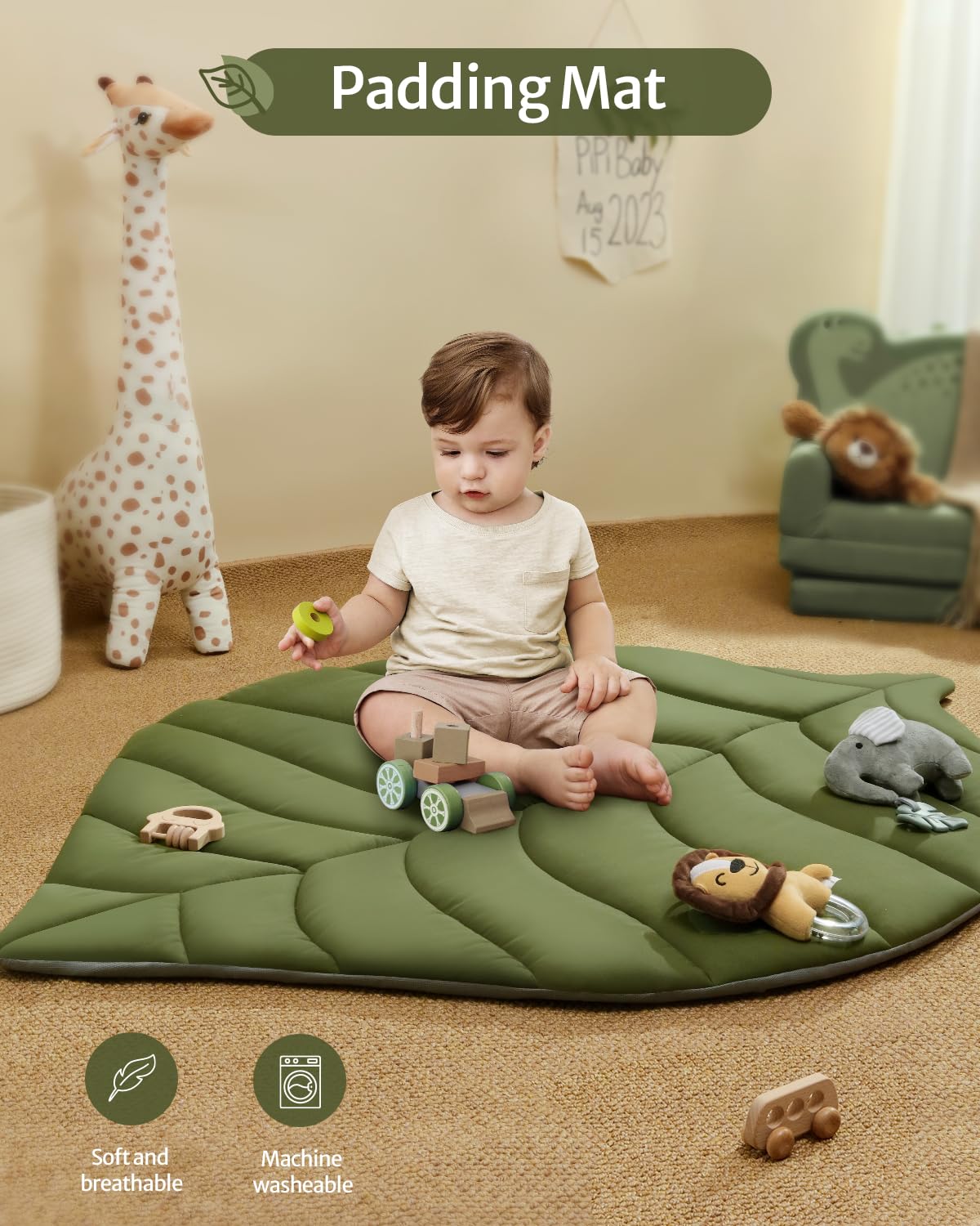 Blissful Diary Baby Play Gym & Activity Mat, Oversize Leaf Shaped Baby Play Mat w 6 Detachable