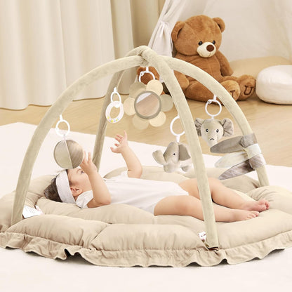 ANGELBLISS 5 in 1 Baby Play Gym Mat, Reversible Tummy Time Mat with 5 Sensory Toys for Stage-Based