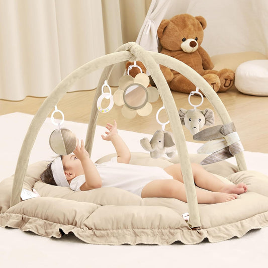 ANGELBLISS 5 in 1 Baby Play Gym Mat, Reversible Tummy Time Mat with 5 Sensory Toys for Stage-Based