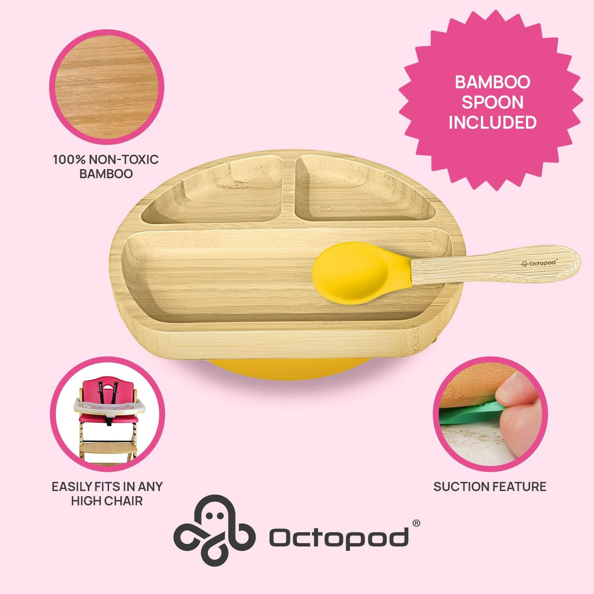 Abiie Octopod Bamboo Dish - Kids Plates for 4 months and up, 3-Compartment Baby Plates with
