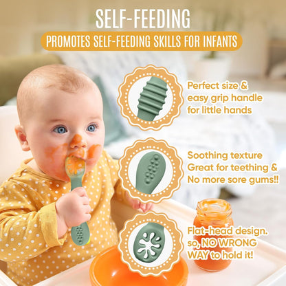 4pc Silicone Baby Spoons Self Feeding Baby Utensils 6-12 Months - 3 Baby Spoon - 1 Baby Fork