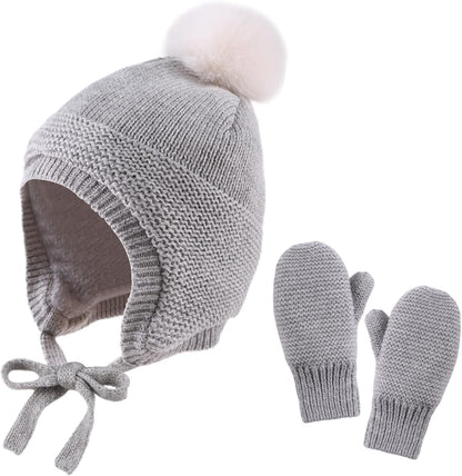 Basic Winter Baby Beanie Gloves Boys Girls Knitted Hat Pompom Kids Earflap Hats Warm Infant Toddler