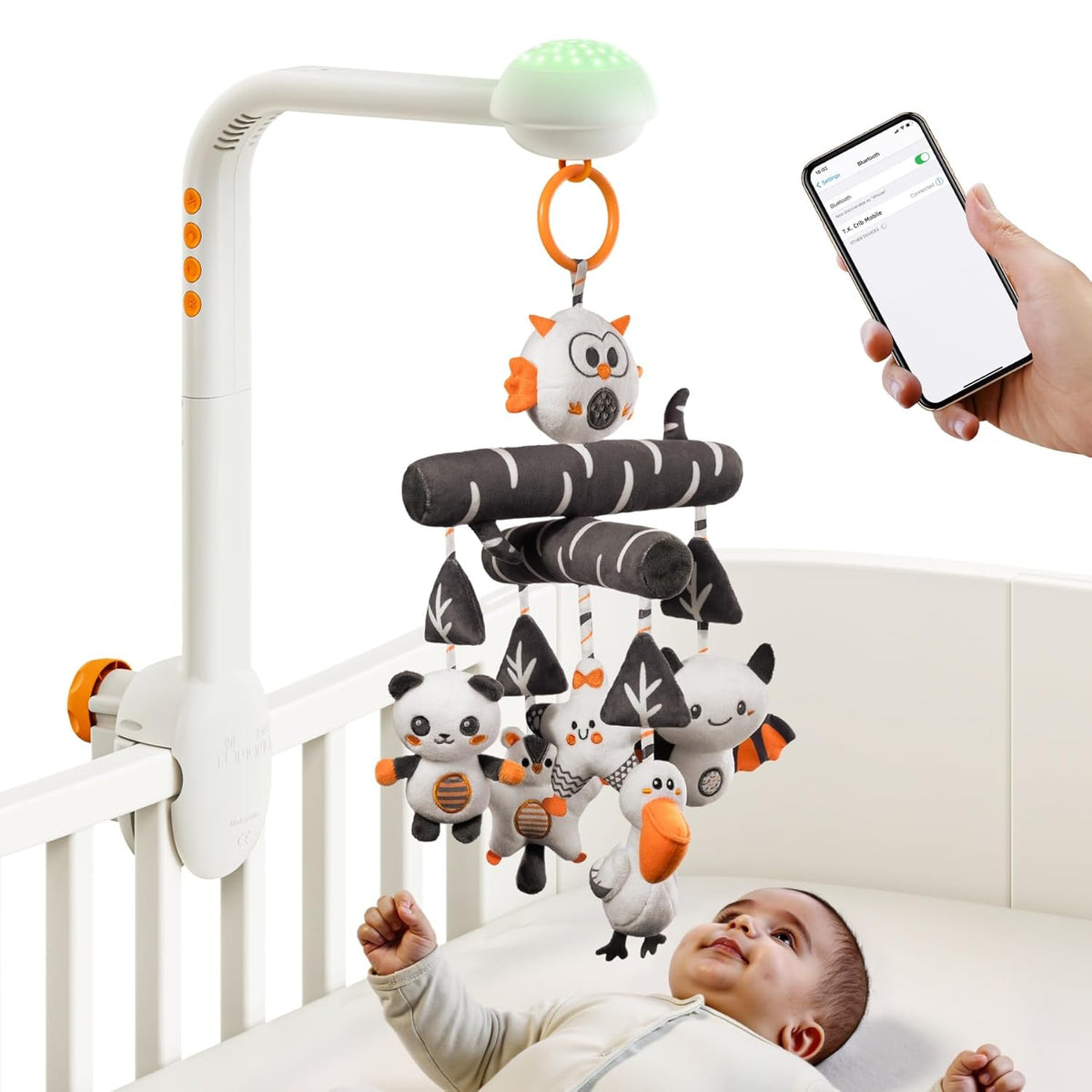 TUMAMA Baby Crib Mobile, High Contrast Baby Crib Toy with Projection Night Light, Music and White