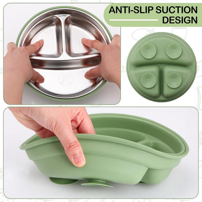 Nuogo 3 Pcs Stainless Steel Baby Suction Plates with Removable Silicone Shell 2-in-1 Metal Toddler