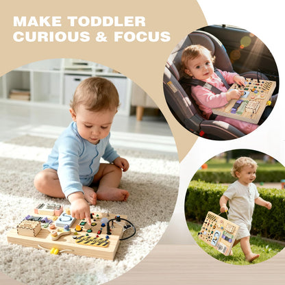 Joyreal Wooden Busy Board Montessori Toys for Toddlers, Sensory Activity Board with LED Lights