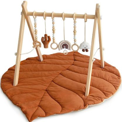 Razee Wooden Baby Play Gym Activity Mat, Leaf Shaped Play Mat Baby Gym with 6 Hanging Sensory Toys