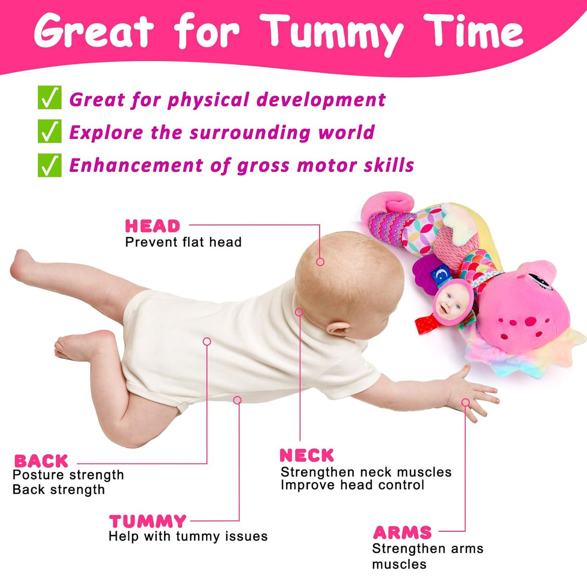 Baby Sensory Toys 0-6 3-6 Months Musical Stuffed Animal Plush Pink Seahorse for Infant 6-12 Month