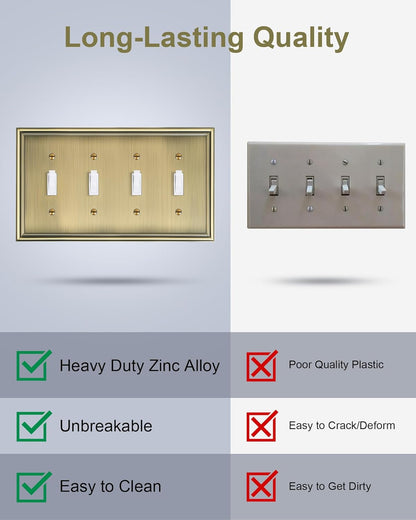 2-Pack Quad Toggle Light Switch Cover Plate, Durable Zinc Alloy Decorative Switch Plate Covers