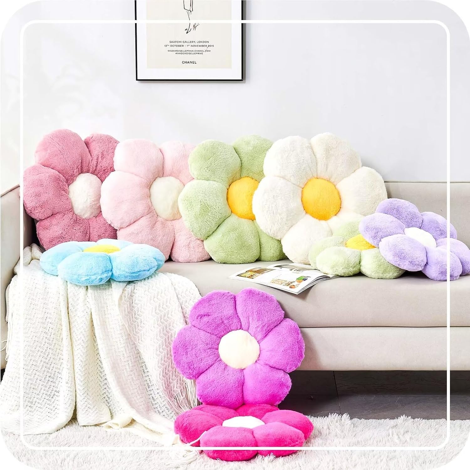 Pink Flower Pillow, Cute Decorative Flower Shaped Throw Pillow with Faux Rabbit Fur, 14.9" Soft