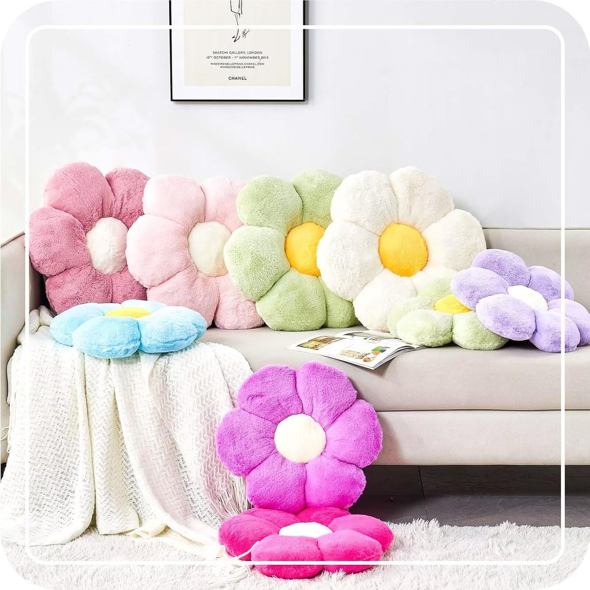 Dusty Rose Flower Shaped Throw Pillow with Faux Rabbit Fur, 14.9" Soft Plush Throw Pillow for