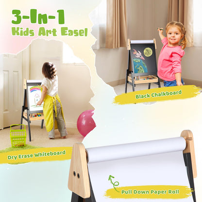 3 in 1 Easel for Little Kids with Wood Tray, Double Sided Wooden Easel with Paper Roll, Magnetic