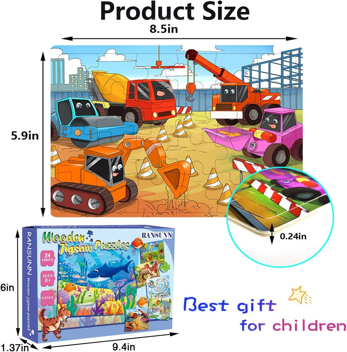 Wooden Puzzles for Kids Ages 3-5, 24 Piece Colorful Learning Toys for Toddler Children