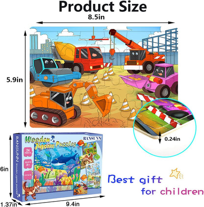 Wooden Puzzles for Kids Ages 3-5, 24 Piece Colorful Learning Toys for Toddler Children