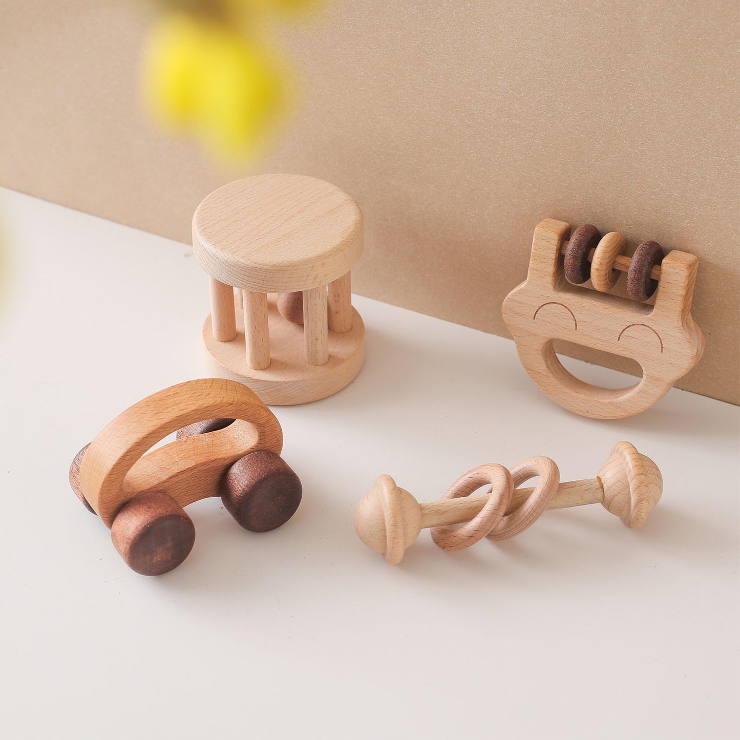 Wooden Baby Rattle Set, Newborn Wooden Rattle Toy, Natural Wooden Montessori Baby Grip Toy, Baby