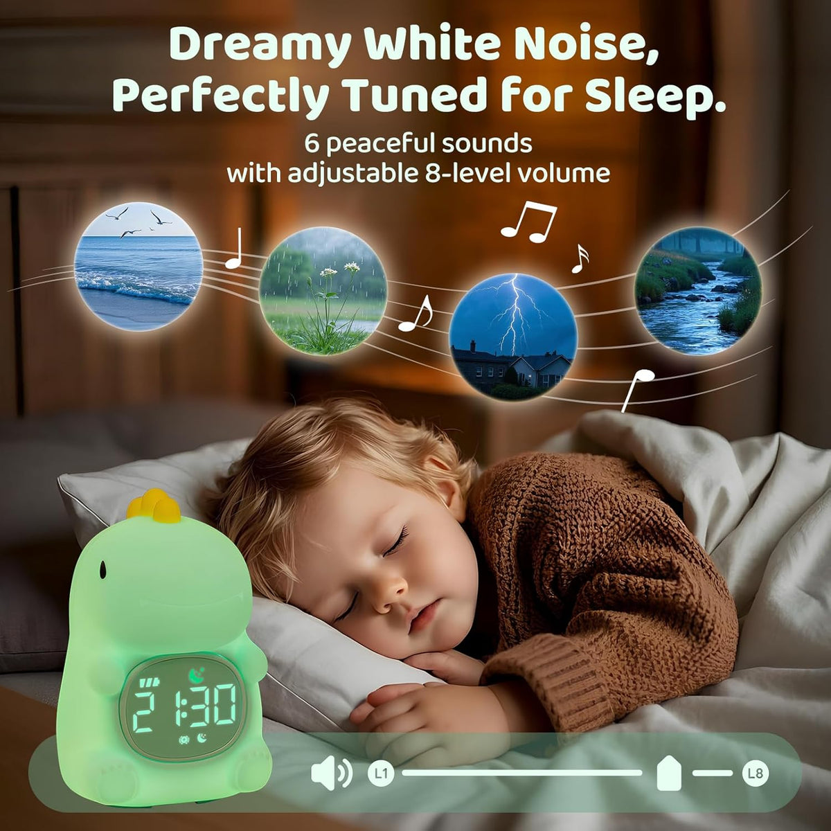 Dinosaurs Alarm Clock with Night Light for Kids with Sleep Training and Sound Machine, Rechargeable