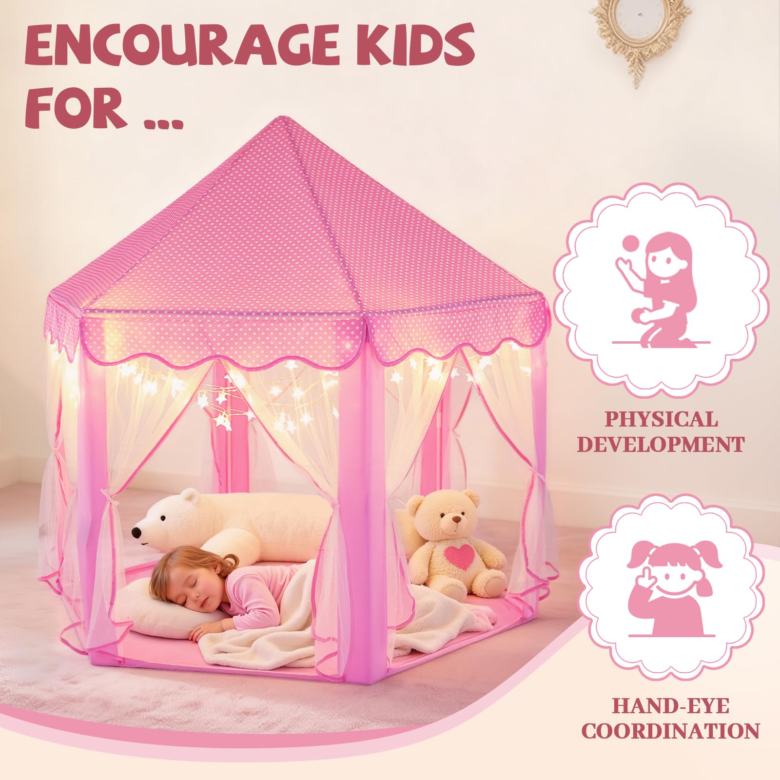 Sumbababy Princess Castle Tent for Girls Fairy Play Tents for Kids Hexagon Playhouse with Fairy
