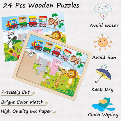 Wooden Puzzles for Kids Ages 4-6, 4 PCs 24 Animals Cars Farm Dinosaur World Jigsaw Puzzles
