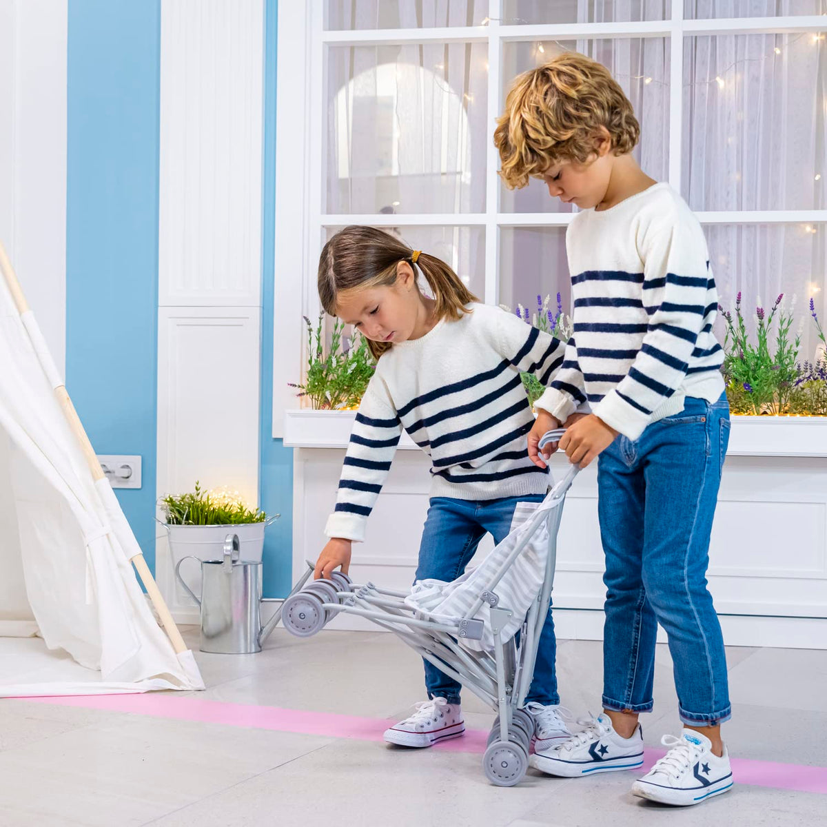 JC Toys Boutique | Folding Umbrella Doll Stroller for Children 2 Years Plus, Blue Stripes and Soft