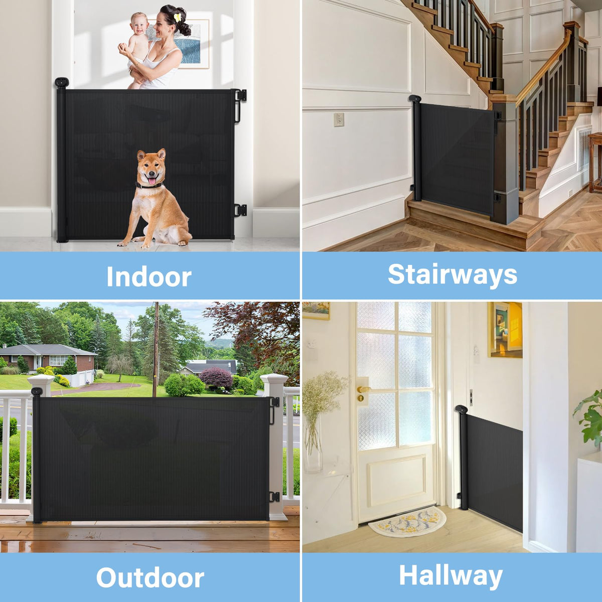 PRObebi Retractable Baby Gates for Stairs & Doorways, Dog Gate 0-54" W × 34" H, Black