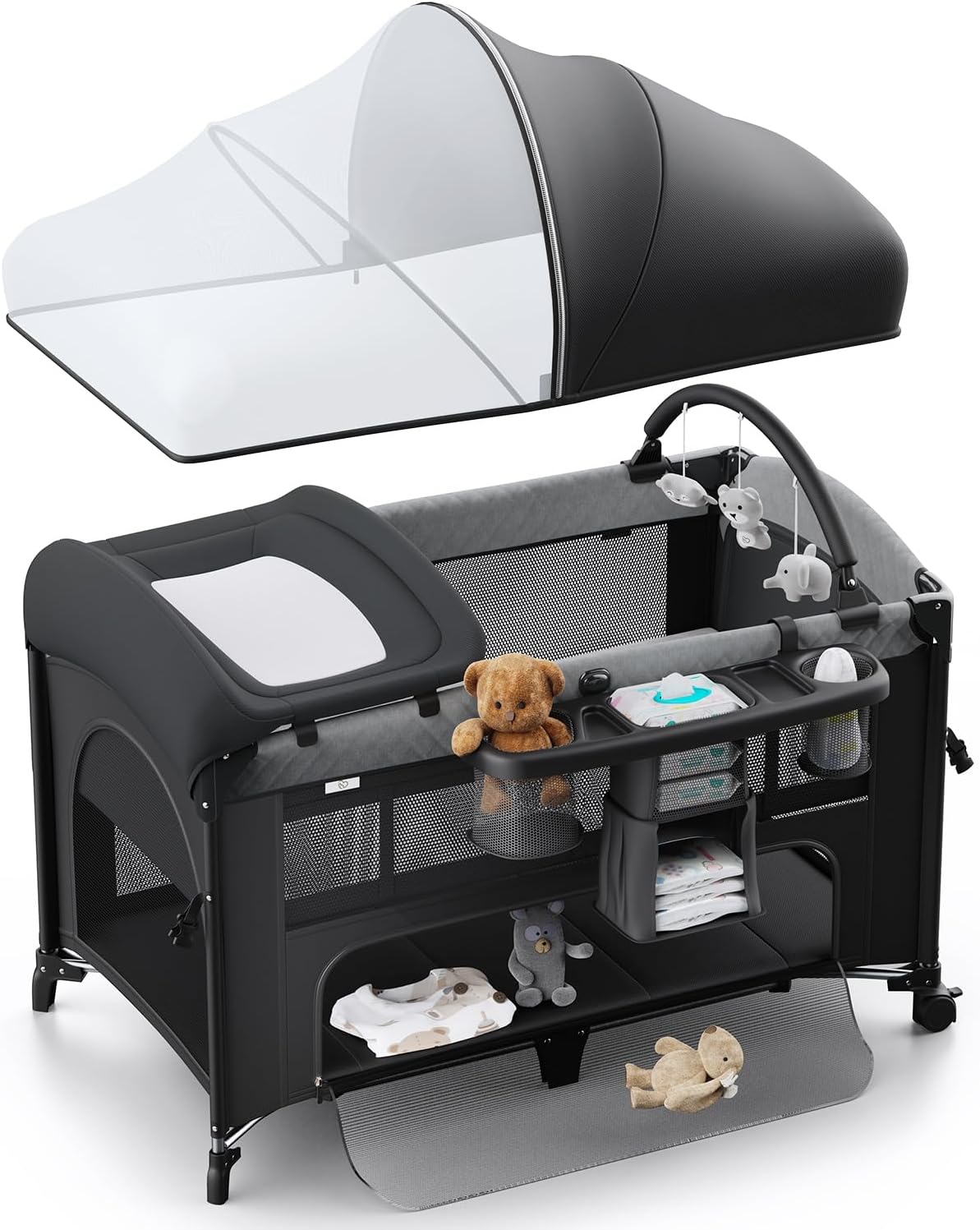 4 in 1 Baby Bassinet, Pack and Play, Bedside Crib Sleeper, Diaper Changer - Comes with Mattress