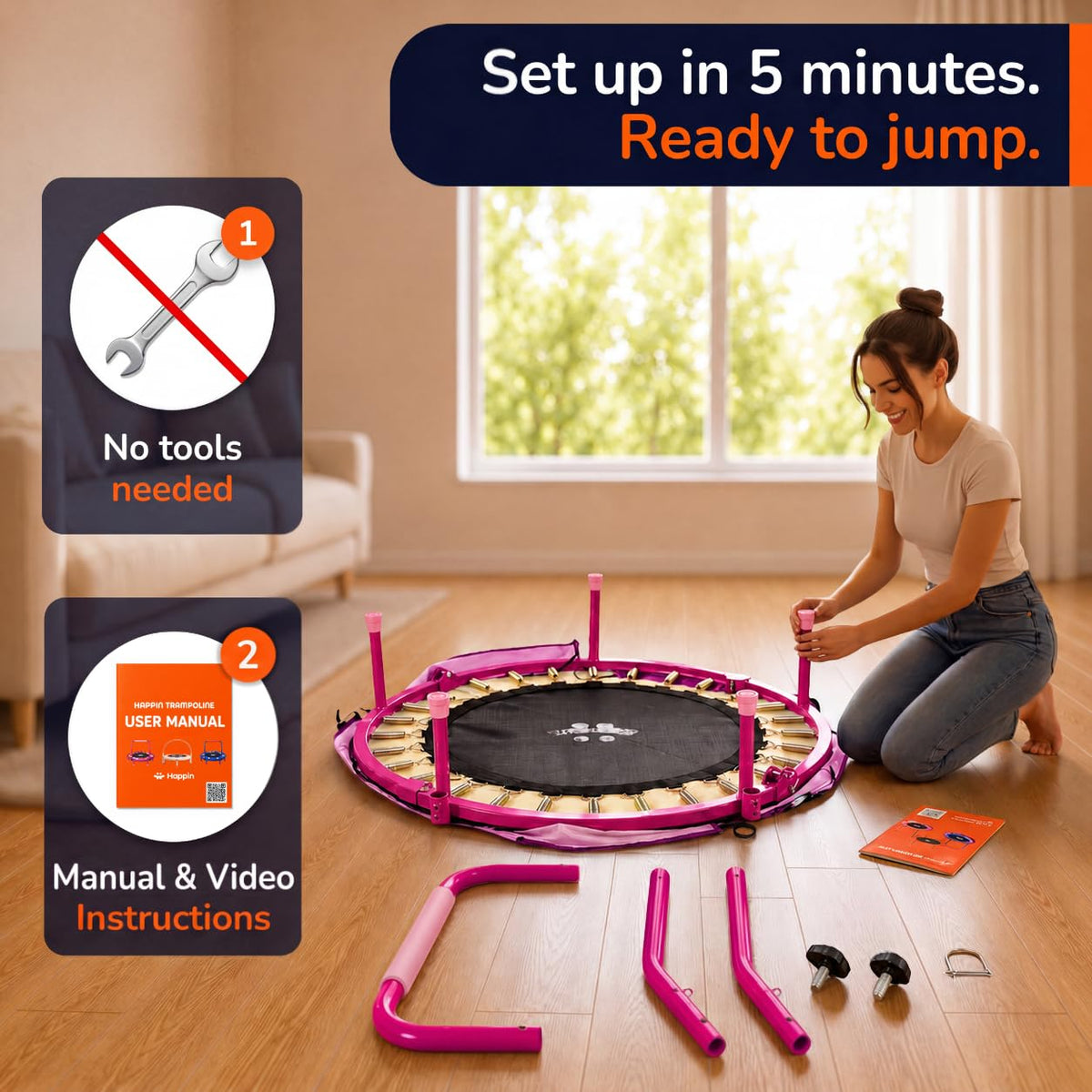 Happin® 36'' Toddler Trampoline Indoor, Foldable Mini Trampoline for Kids Ages 2-6, ASTM Certified