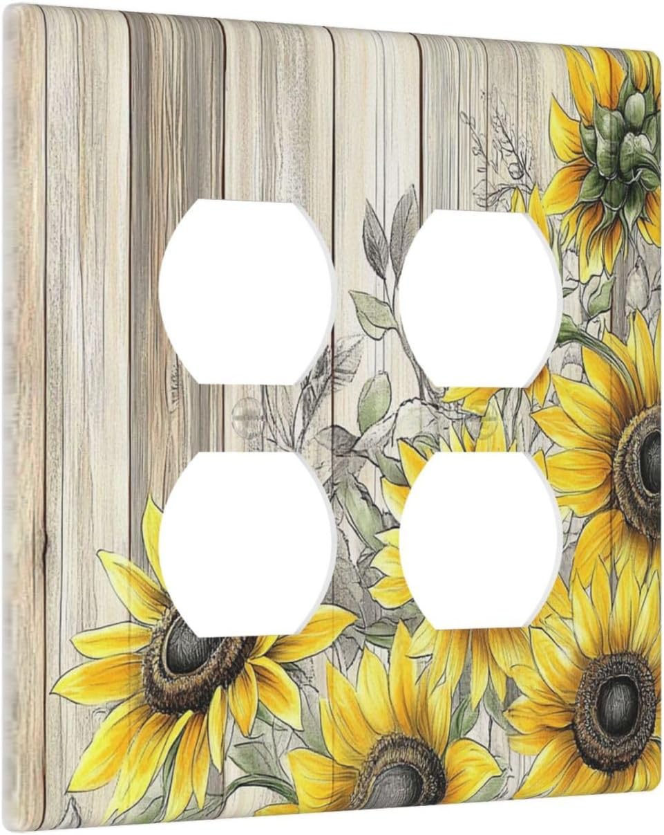 Outlet Covers Floral Sunflower Rustic Flower Vintage Wood 2 Gang Double Duplex Decorative Light