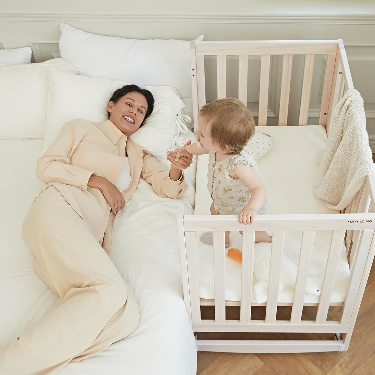 EvoNest Baby Crib, 11 in 1 Convertible Mini Crib with Wheels, 100% New Zealand Wood Growing Bed, 4