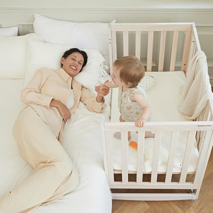 EvoNest Baby Crib, 11 in 1 Convertible Mini Crib with Wheels, 100% New Zealand Wood Growing Bed, 4
