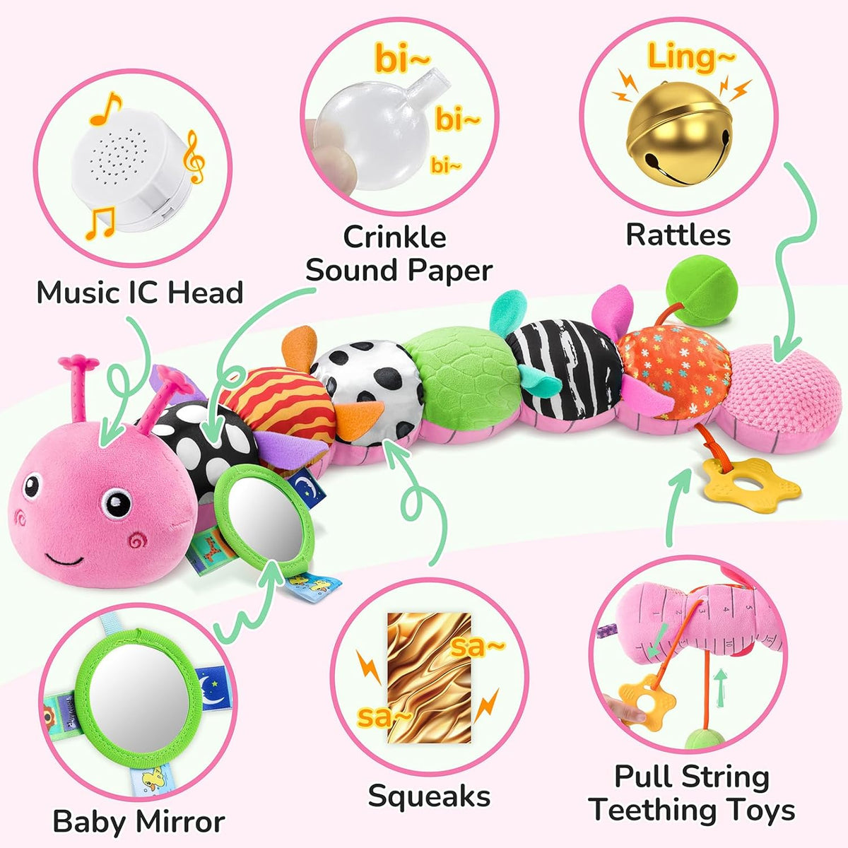 Baby Toys 6-12 Months Music Caterpillar Infant Toys Stuffed Animals 0-3-6 Months Teething Tummy